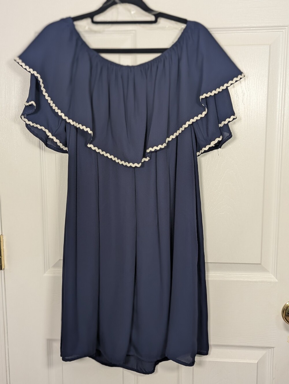 Entro Navy Blue Off Shoulder Ruffle Ric Rac Trim Shift Dress Small - Picture 6 of 7